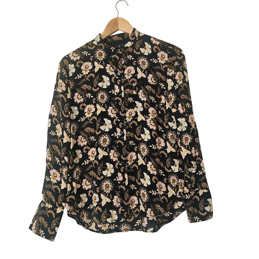 A.L.C. Barney's Silk Floral Paisley Blouse Boho Lux Black Cream Mock Neck Sz‎ 2